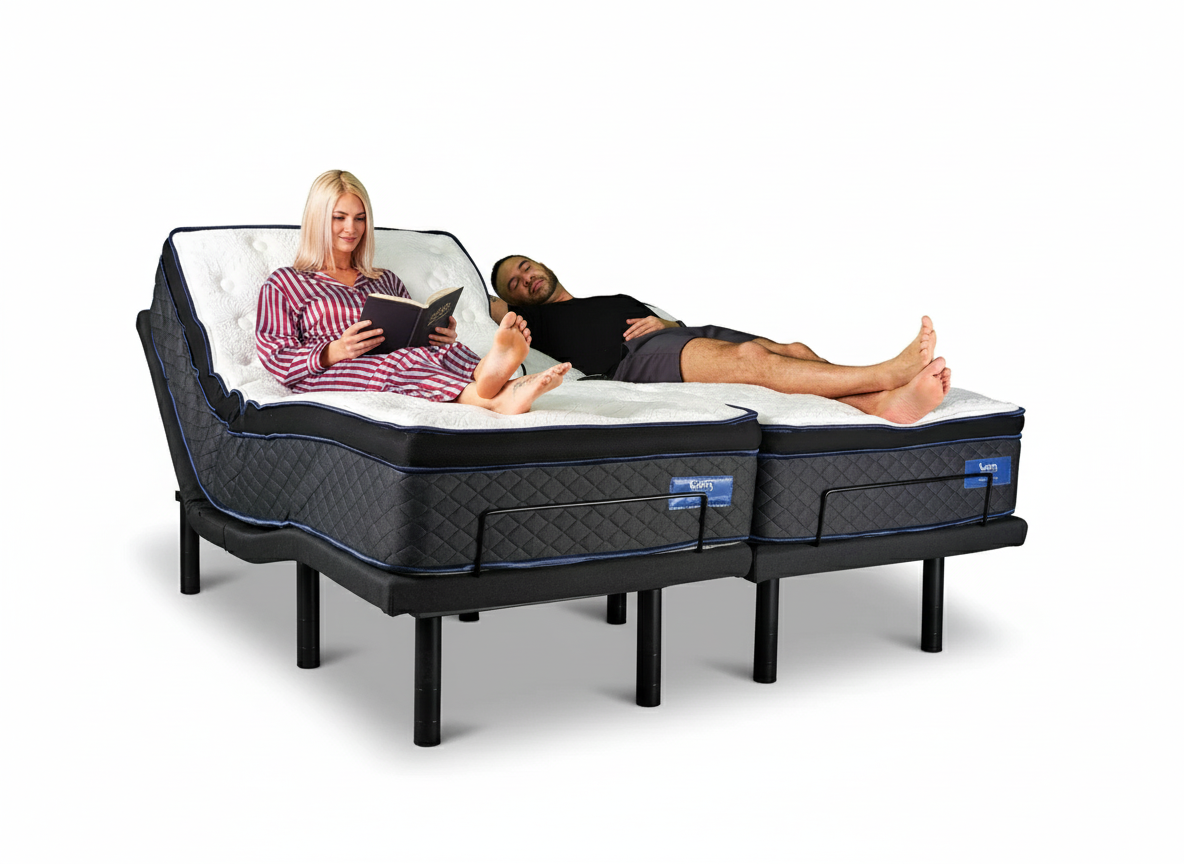 couple on a Leva Sleep split queen bed
